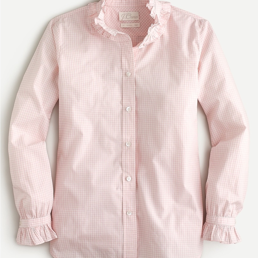 J. Crew Pink Gingham Ruffled Blouse